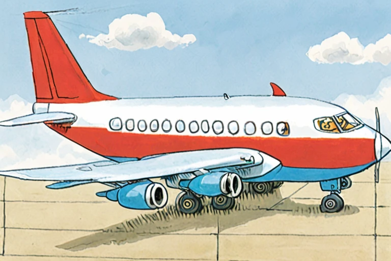 a children's book illustration of an airplane , art by Richard Scarry <lora:Richard_Scarry_Style_XL-000006>