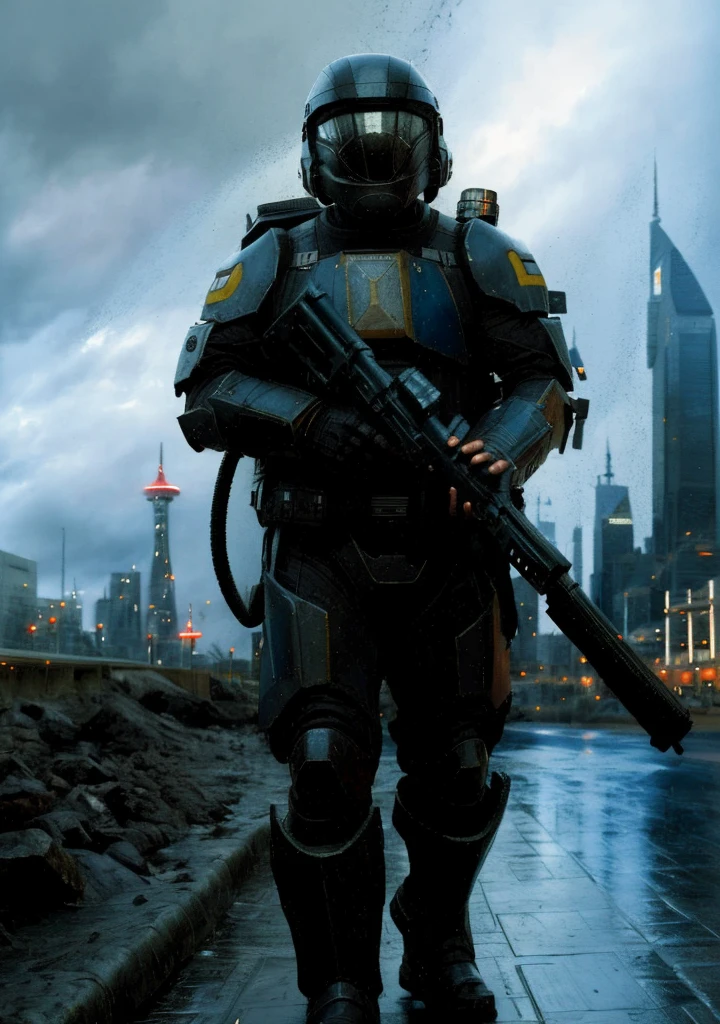 (illustration) (oil painting) an ODST wearing a helmet and Poncho, holding a sniper rifle, walking, from side, outdoors, side view, night, rain, cityscape, stepping up, radio antenna, skyscraper, building, science fiction, sniper scope, black armor, <lora:ODST-05:0.85> <lora:BetterGuns-V1:0.5>, art by Craig Mullins, art by Gustave Dore, art by Ralph McQuarrie <lora:ArsenalLoHa-v1.0:0.5>lora:Elixir:1> <lora:Poncho_v4:0.7>