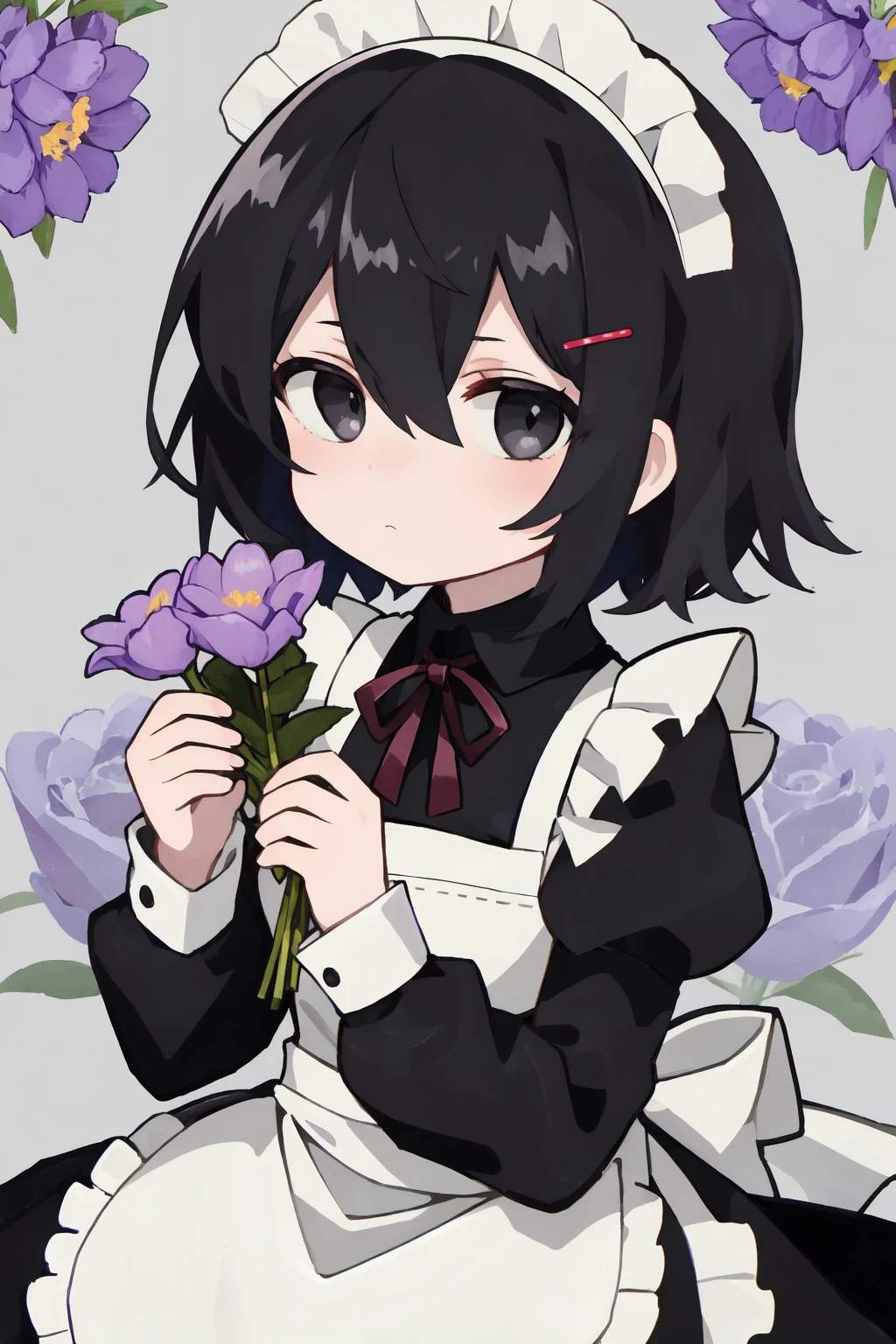 1girl, solo, maid headdress, flower, apron, black hair, dress, maid, long sleeves, holding, short hair, maid apron, white apron, black dress, ribbon, hairclip, bangs, looking at viewer, hair ornament, closed mouth, hair between eyes, purple flower, grey eyes, black eyes, puffy sleeves, frills, hair ribbon, holding flower, frilled apron, chibi, so-style