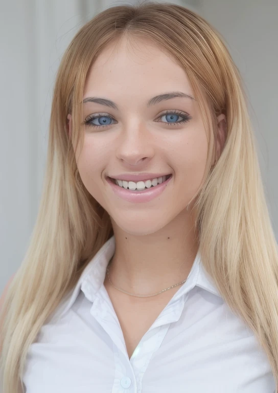a close-up portrait of a woman wearing a school uniform with a simple background, 1girl,solo,long hair,looking at viewer,smile,blonde hair,[aqua eyes],teeth,grin,lips <lora:emma_buggv2:1>, realistic, BREAK, [highly detailed], [ultra detailed], [hyperdetailed], BREAK, ultra realistic, photo realistic BREAK