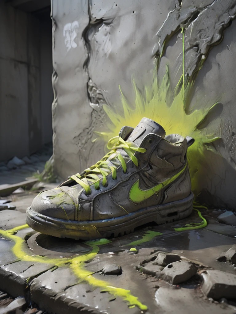 conrtneo, detailed picture of a shoe bathing in god-rays, concrete, paint neon, <lora:- SDXL - conrtneo _neon-concrete _V1.0:1>