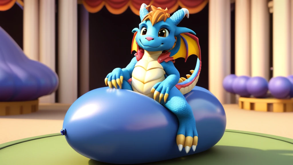 A cute anthro furry dragon is sitting on a balloon. One big realistic, overinflated balloon. A stage is visible in the background.