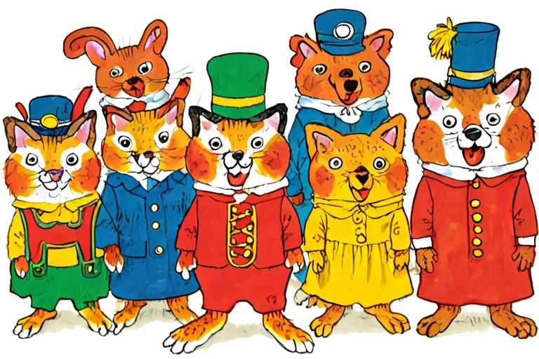 a children's book illustration of a group of cartoon animals dressed in costumes art , art by Richard Scarry <lora:Richard_Scarry_Style_XL-000006>