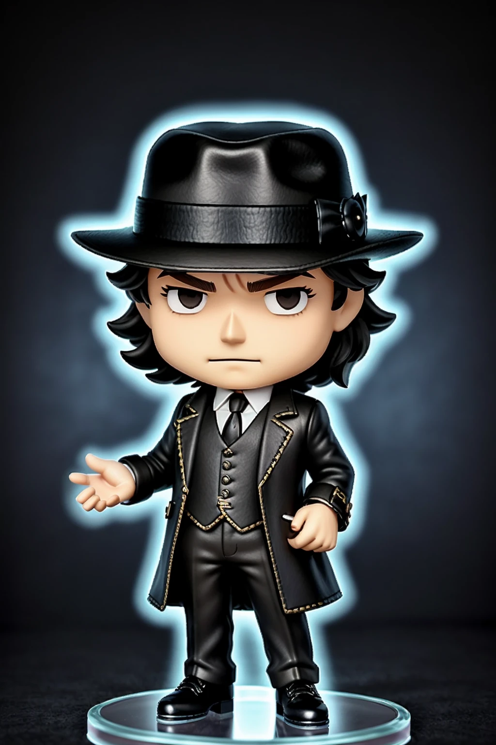 <lora:Funko:1> chibi, 3d render, 1boy, mysterious stranger, trench coat, fedora hat, tailored suit, leather gloves, polished oxfords, enigmatic smile, tousled hair, piercing gaze, secret agenda