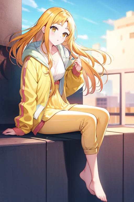 kasuganourara, navel, sitting, yellow dress, cloud, floating hair, full body, pants, yellow jacket, open clothes