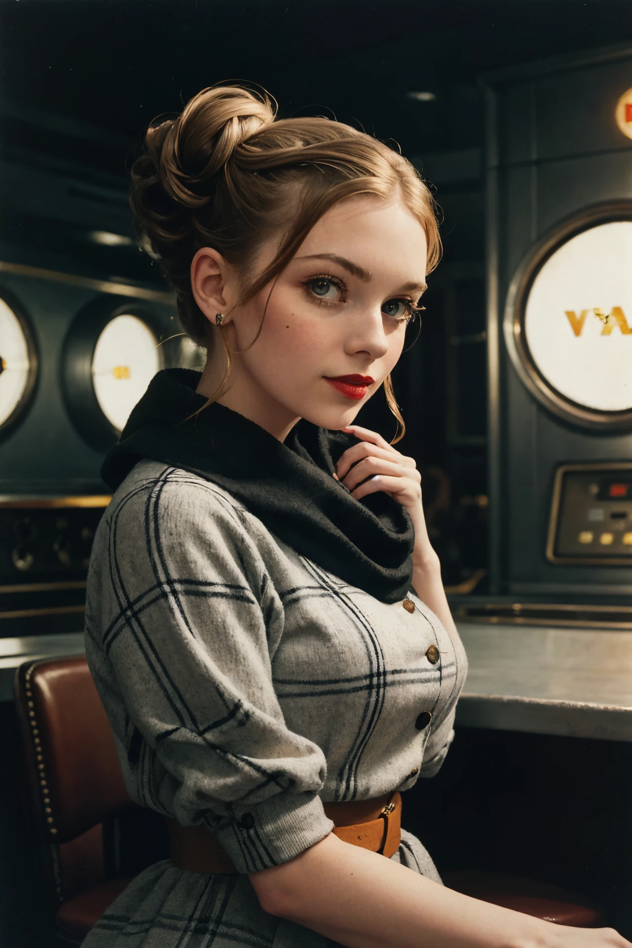 ((upper body portrait)),Photography by László Moholy-Nagy,
a beautiful busty young woman Wearing a Utility Dress,Wearing a Plaid Wool Scarf,Styling Beehive Updo Hairstyle,Inside a 1950s Diner: Red bar stools, checkerboard flooring, colorful jukebox,
pale skin,highly detailed face,red lipstick,
(simple background,dark background):1.2,
1960s style,retro,vintage,old photo style,vibrant colors,