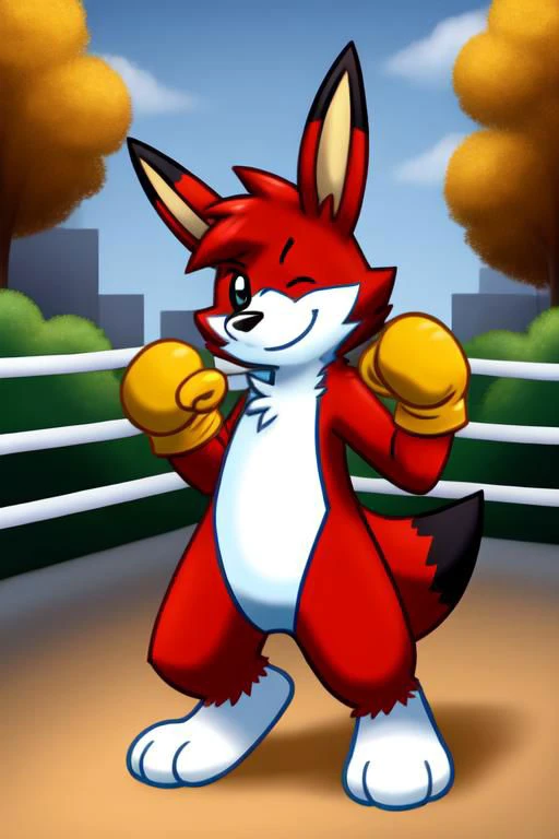 rooey, rooi, louie, louie bomberman, red fur, (boxing gloves, yellow boxing gloves), city street setting, detailed, smile, ;3, (one eye closed), feralfoot, pawpads