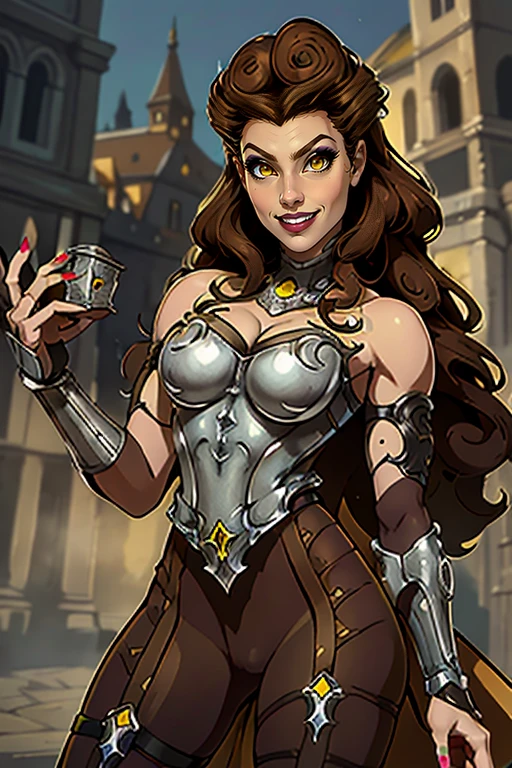 masterpiece,best quality,extreme detail,8k,image sharpness,<lora:lilith-10:0.8>, lilith2, 1girl, solo, long hair, breasts, smile, brown hair, cleavage, bare shoulders, medium breasts, yellow eyes, nail polish, armor, blurry, lips, makeup, lipstick, breastplate, vambraces, bracer, gorget