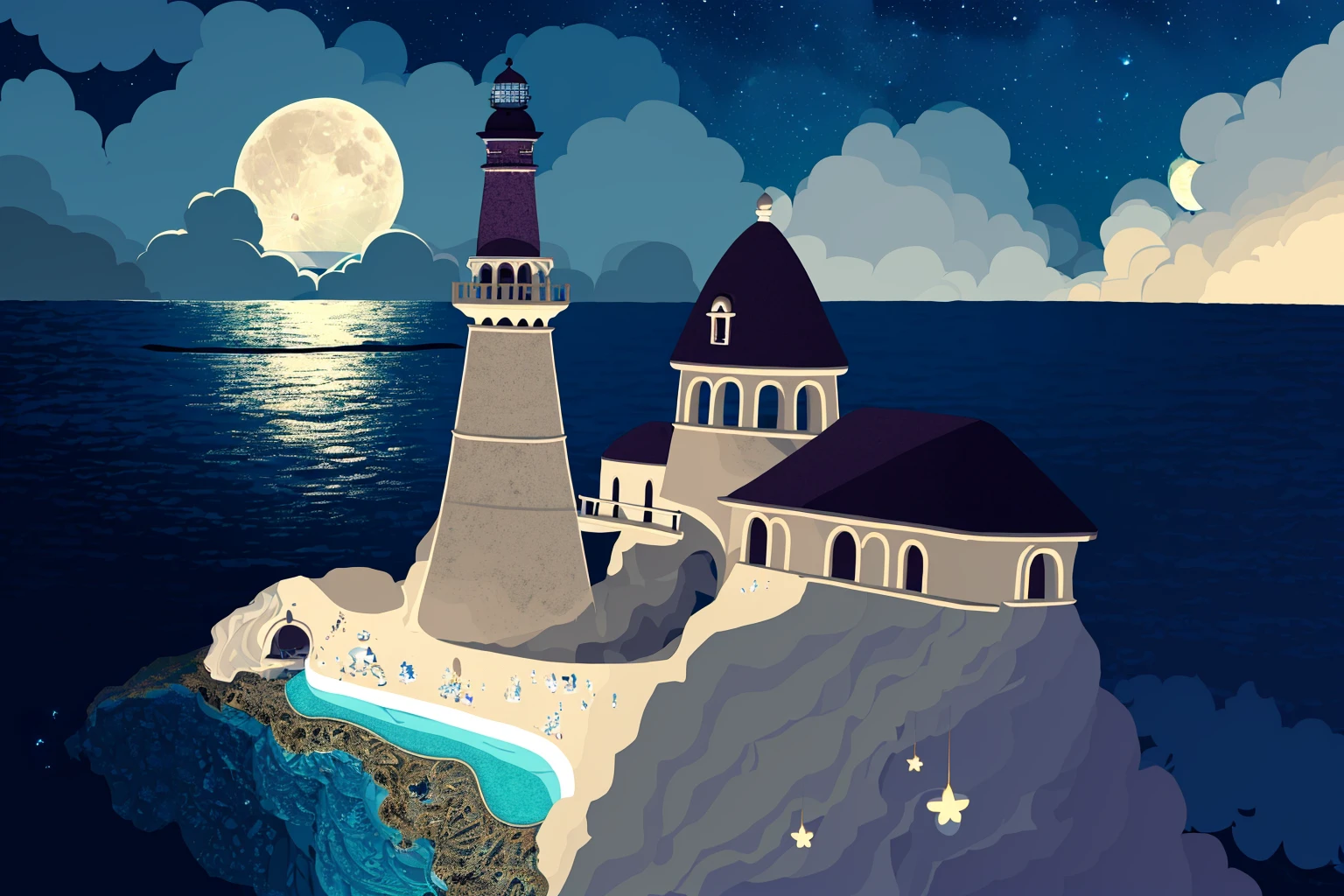 masterpiece, ultra-detailed, best quality, illustration, 8k cg wallpaper, an extremely delicate and beautiful, stunning landscape, beach, lighthouse, moon, stars, clouds, intricately detailed items in background, <lora:Hohokum:1>