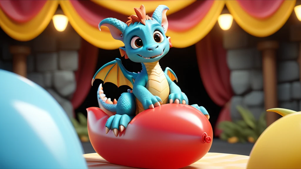 A cinematic 3D render of a cute anthro furry dragon is sitting on a balloon. One big realistic, overinflated balloon. A stage is visible in the background.