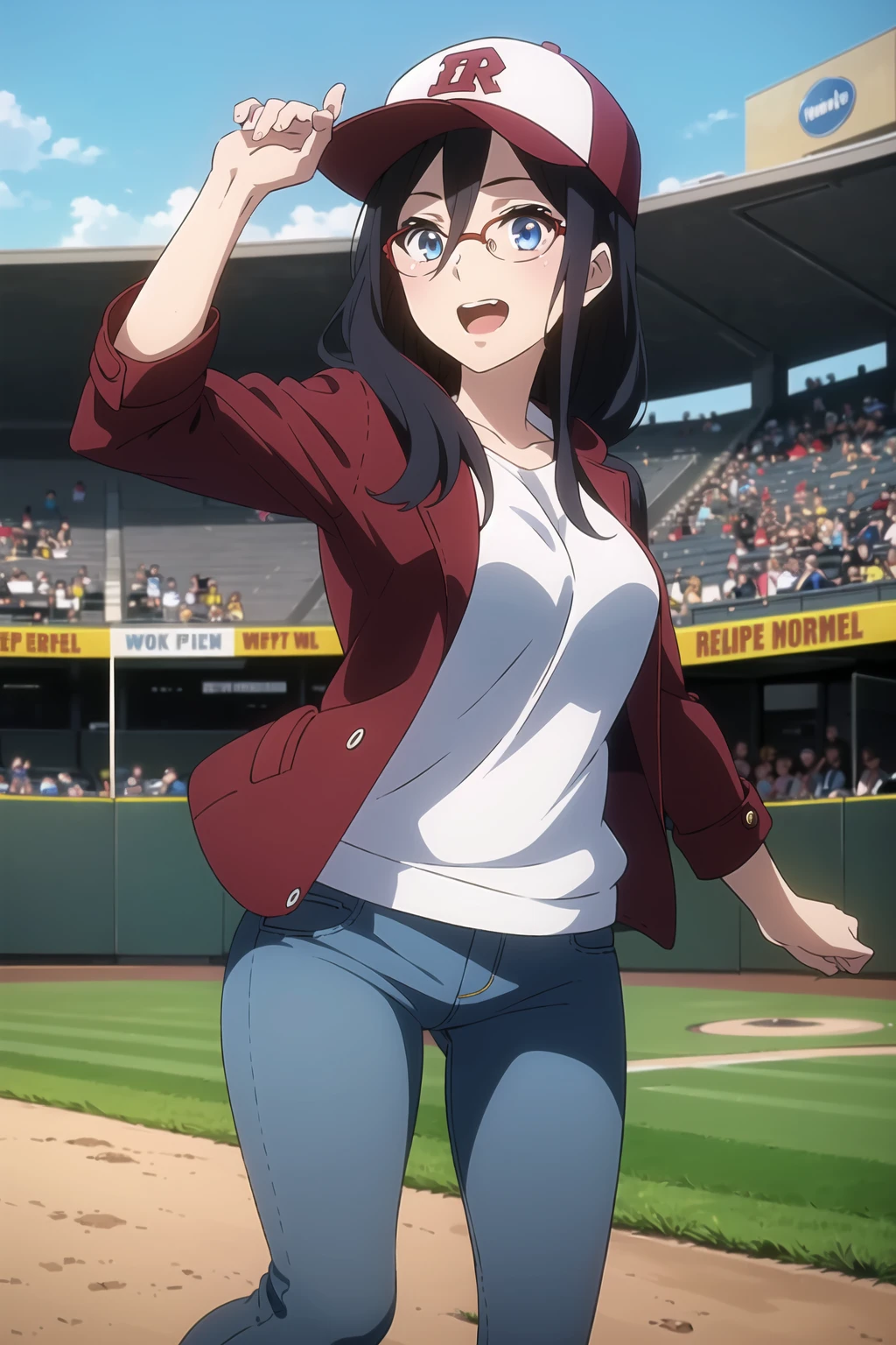 ((best quality)),((highly detailed)),masterpiece,absurdres,detailed face,beautiful face,(detailed eyes, deep eyes),1girl,((dynamic pose)), <lora:AsukaV1:0.7>,Asuka, blue eyes, solo, glasses, black hair, long hair, red-framed eyewear, hair between eyes, , over-rim eyewear, bangs, outdoors, (baseball game stands), (hat), (coat:1.3), (jeans:1.2), (cheering), (excited expression), (spectator), (crowded stadium), (sporting event), (dynamic atmosphere), (vibrant colors), (team merchandise)