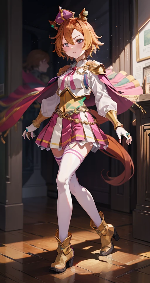 <lora:uma-0000010:0.15>,
<lora:t.m._opera_o_loha-000010:0.85>,t.m. opera o \(umamusume\),Mini crown and ear piercing,white shirt,shoulder armor,pink cape,puffy sleeves,long sleeves,jewelry,fingerless gloves,single glove,white gloves,multiple rings,corset,white skirt,pink skirt,two-tone skirt,pleated skirt,white thighhighs,zettai ryouiki,high heel boots,yellow footwear,