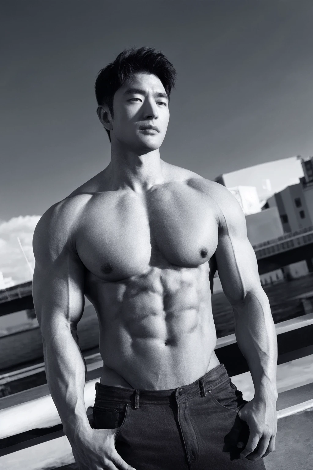 handsome male,big muscle,beard,suit,monochrome photography,dutch angle,outdoor,, 8K,best quality:1.2,photographed by SONY A7000,photo,photorealistic,ultrahigh-res,High detail RAW color photo professional photograph,real human skin,film grain,<lora:ClearHand-V2:1>