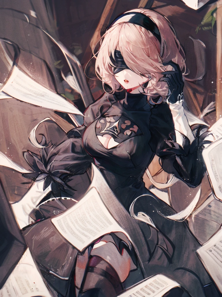 <lora:yuzu_20240104160516:1>,moxin,<lora:y2b_v2-1:1>,hm2b,black blindfold,covered eyes,mole under mouth,clothing cutout,long sleeves,puffy sleeves,juliet sleeves,feather trim,black thighhighs,black gloves,black dress,black skirt,