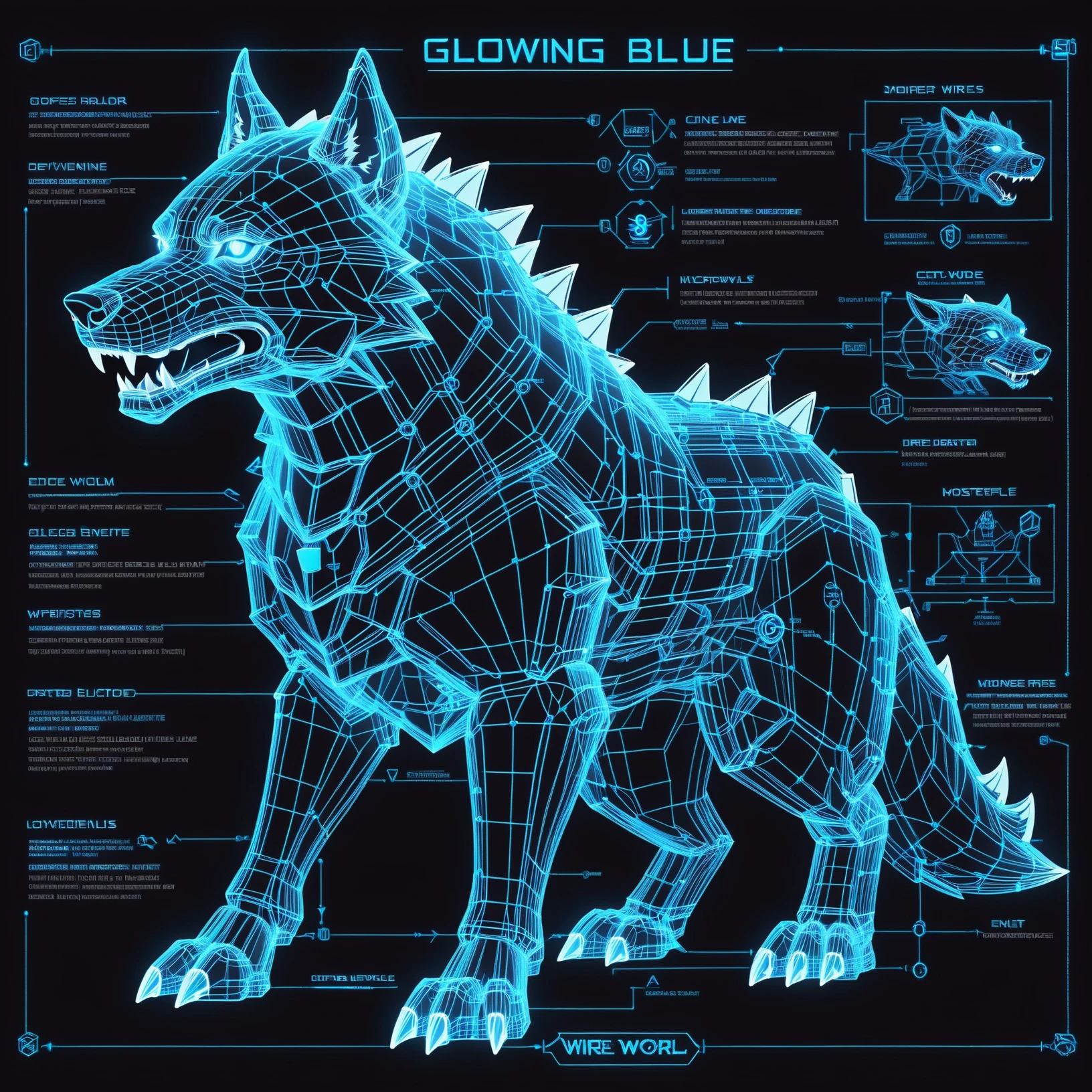 glowing blue on black 3d wireframe, diagram, direwolf \(monster\)<lora:EnvyBetterHiresFixXL01:0:hr=1><lora:EnvyScifiWireframeXL01:3>