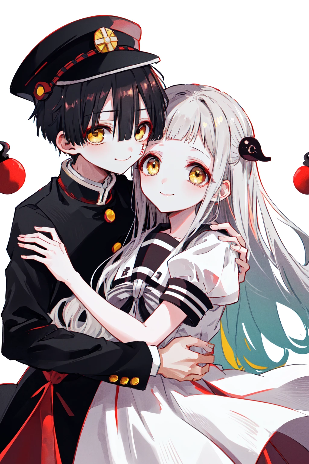 masterpiece, best quality, highres, 1boy hanako yellow eyes, black jacket gakuran hat, 1girl nene red eyes, white dress sailor collar puffy sleeves <lora:hanako_nene_1:1> hug, smile