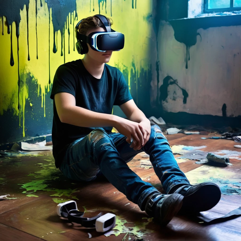 Dark Fantasy Art of <lora:Dark Art Painting Style:1>
a teen boy with glowing vr goggles sitting on the floor in a room with peeling paint dark art painting style, dark, moody, dark fantasy style