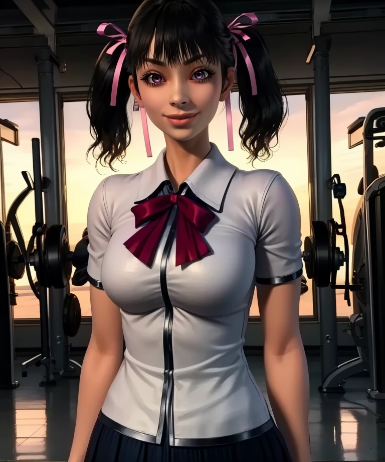 Aya,pink eyes,black hair,twintails,hair ribbon,bangs,
school uniform,red ribbon,white shirt,skirt,
standing,upper body,smile,
empty gym,
(insanely detailed, beautiful detailed face, masterpiece, best quality),solo,<lora:AyaYamane:0.8>,