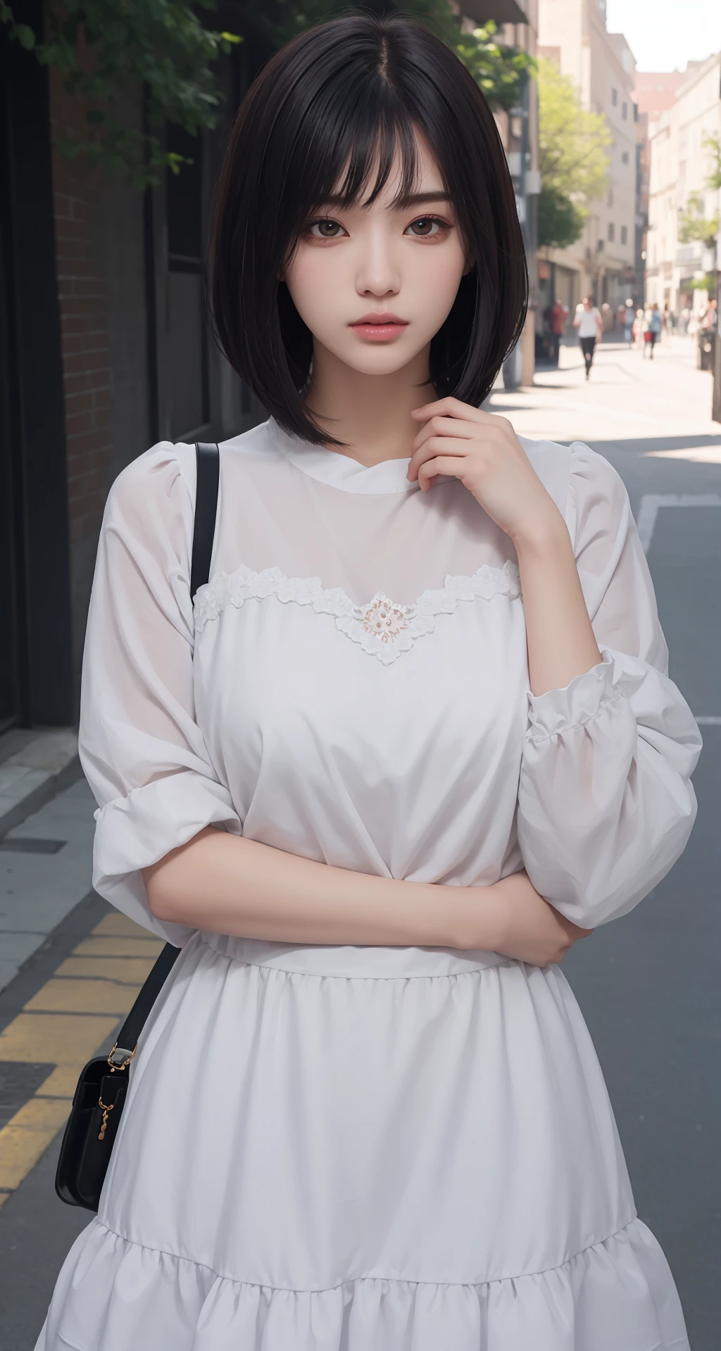 ((((ultra illustrated style:1.0)))),best quality,best animated,masterpiece,ray tracing, global illumination,1girl, solo, looking at viewer, standing,upper body, outdoors,bob cut, dress,
<lora:arm hold,hand on own chin-000005:0.7>
