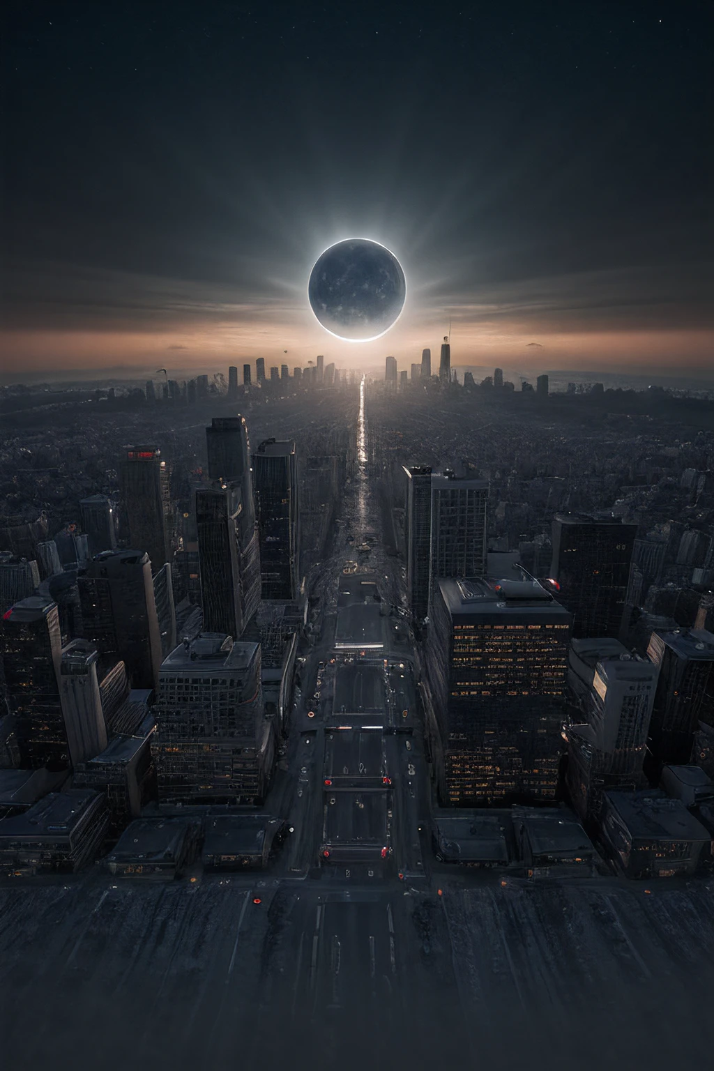 RAW photograph of a (city skyline at night),with a (C0r0n4 eclipse:0.9) (rising high in the sky above),surrounded by bright solar corona,HDR,(wide angle shot),sharp focus,(highly detailed),(8k wallpaper),intricately detailed,highres,absurdres,hyper realistic,8K UHD DSLR,IMAX,extremely intricate,4k textures,cinematic look),hyperdetailed,<lora:C0r0n4_06A-000002:0.7>,