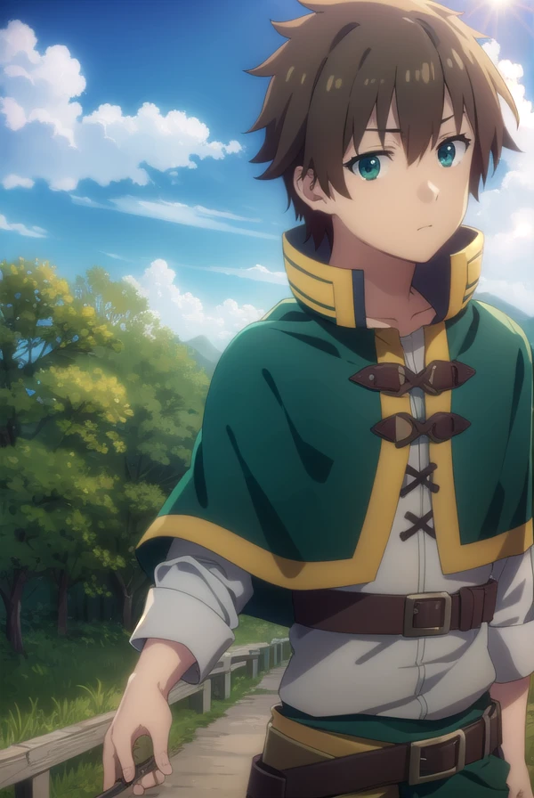 kazumasatou, <lora:kazuma satou movie-lora-nochekaiser:1>,
kazuma satou, short hair, brown hair, (green eyes:1.3), male focus,
BREAK shirt, long sleeves, white shirt, belt, pants, capelet, brown belt,
BREAK outdoor, forest, nature, trees, village, sky, sun, clouds,
BREAK looking at viewer, (cowboy shot:1.5),
BREAK <lyco:GoodHands-beta2:1>, (masterpiece:1.2), best quality, high resolution, unity 8k wallpaper, (illustration:0.8), (beautiful detailed eyes:1.6), extremely detailed face, perfect lighting, extremely detailed CG, (perfect hands, perfect anatomy),