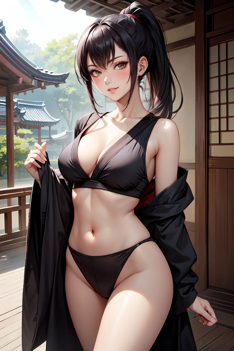 (masterpiece:1.2, best quality), 1girl, ponytail, parted lips, blush, makeup, smirk, (ninja:1.2, kunoichi:1.1), ninja mask, light rays, glow, thighs, collarbone, narrow waist, (masterpiece), wallpaper, east asian architecture,<lora:more_details:0.3>, <lora:GoodHands-beta2:1>