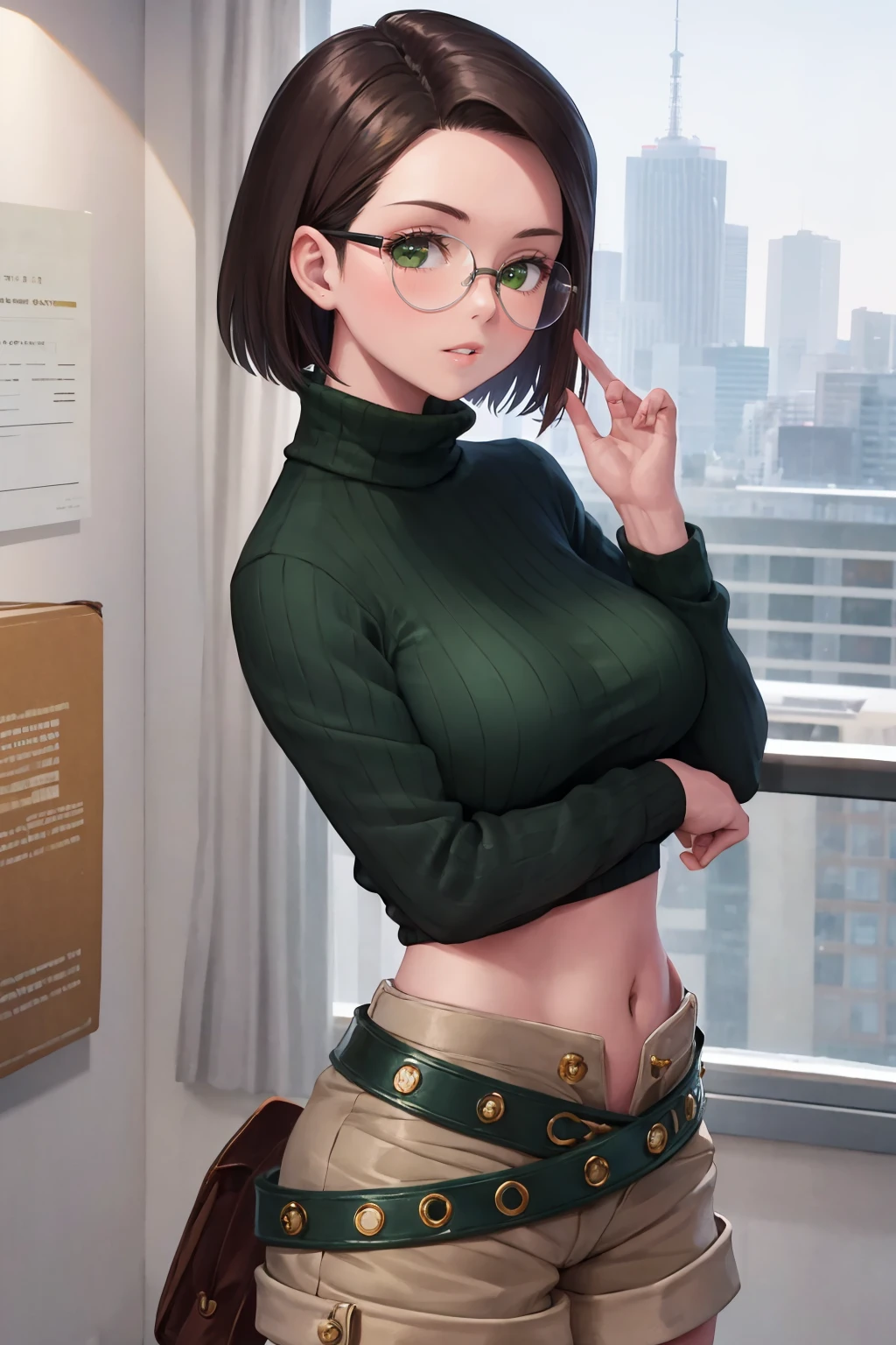 masterpiece, best quality, 1girl, solo, <lora:mimoza-sn2-richy-v1:1> mimoza, glasses, turtleneck, green sweater, crop top, belt, brown shorts, parted lips, looking at viewer,