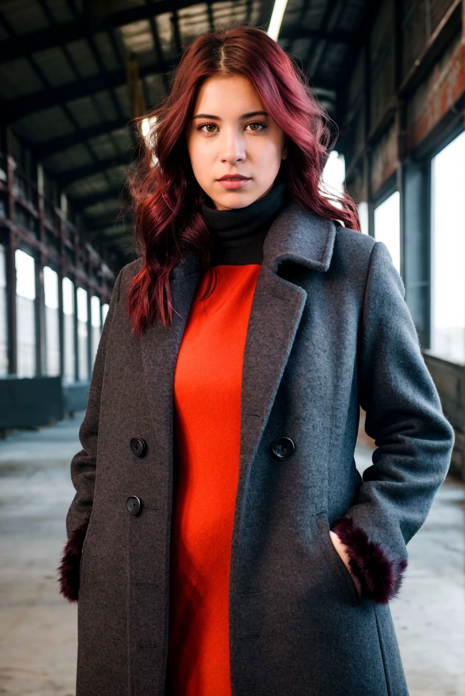 A full color portrait of a 18 years old beautiful woman, wearing a charcoal wool coat with a faux fur collar, empty warehouse, dark hair, epic character composition,by ilya kuvshinov, alessio albi, nina masic,sharp focus, subsurface scattering, f2, 35mm, film grain , red hair <lora:paulash:01>
