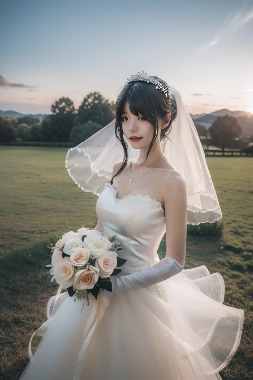 ltra-detailed,highly detailed,best quality,masterpiece,illustration,realistic,photorealistic,
tokisaki kurumi,huajia, 1girl, solo,cowboy shot,
wedding dress, 
looking at viewer, 
outdoors, nature, grass, flower, floating hair, wind,
 <lora:tokisaki kurumi huajia_v8_06:0.7>