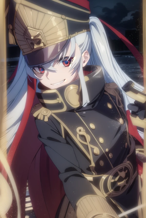 recreatorsaltair, <lora:recreators altair s1-lora-nochekaiser:1>,
altair, long hair, (red eyes:1.3), very long hair, white hair, smile, grin,
BREAK gloves, hat, uniform, military, military uniform, shako cap,
BREAK outdoor, city, night, sky, buildings, moon, clouds,
BREAK looking at viewer, (cowboy shot:1.5),
BREAK <lyco:GoodHands-beta2:1>, (masterpiece:1.2), best quality, high resolution, unity 8k wallpaper, (illustration:0.8), (beautiful detailed eyes:1.6), extremely detailed face, perfect lighting, extremely detailed CG, (perfect hands, perfect anatomy),