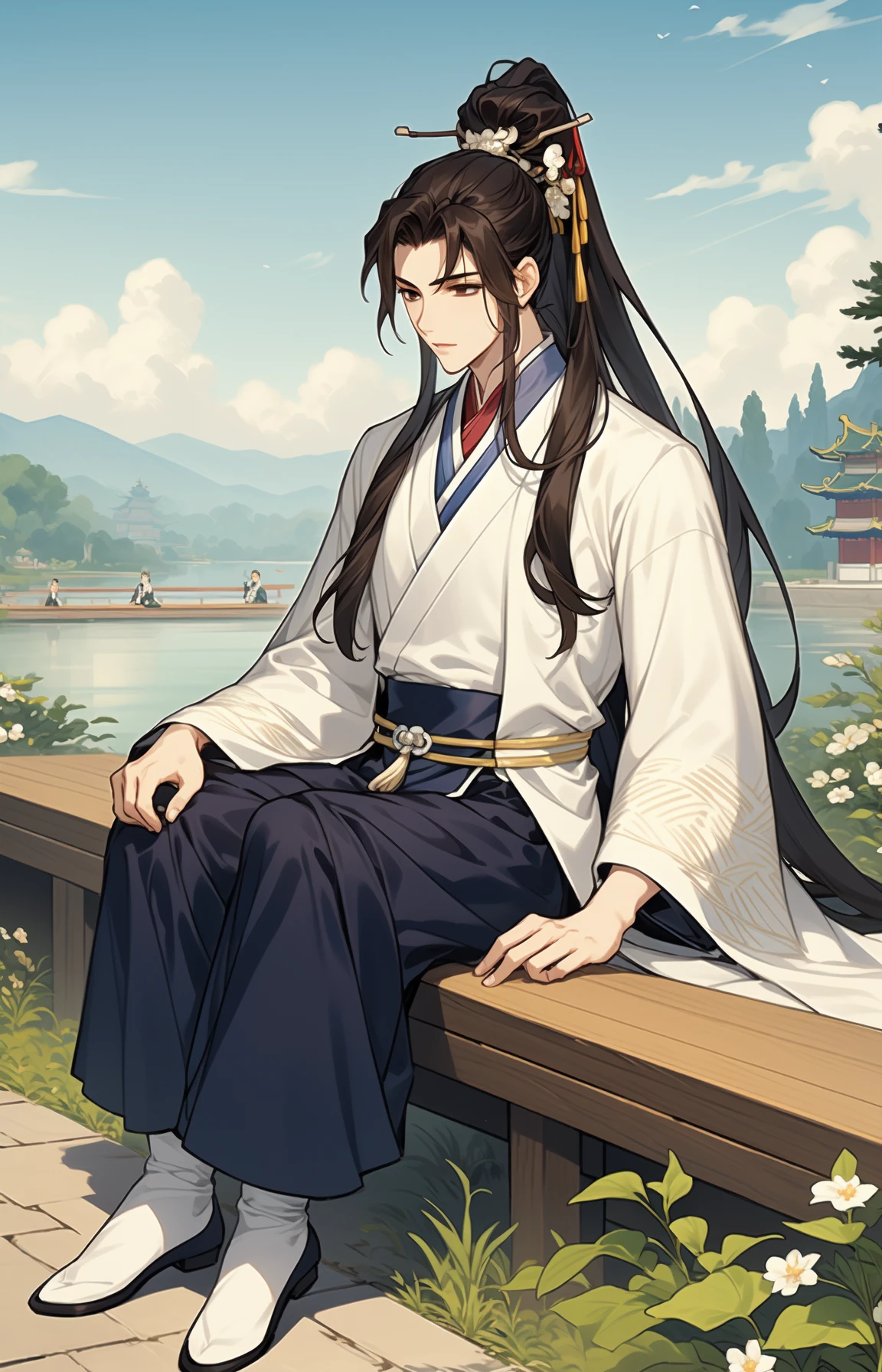 1boy,solo,male focus,long hair,chinese clothes,sitting,hanfu,black hair,hair ornament,ponytail,brown eyes,long sleeves,garden,sky,lake,