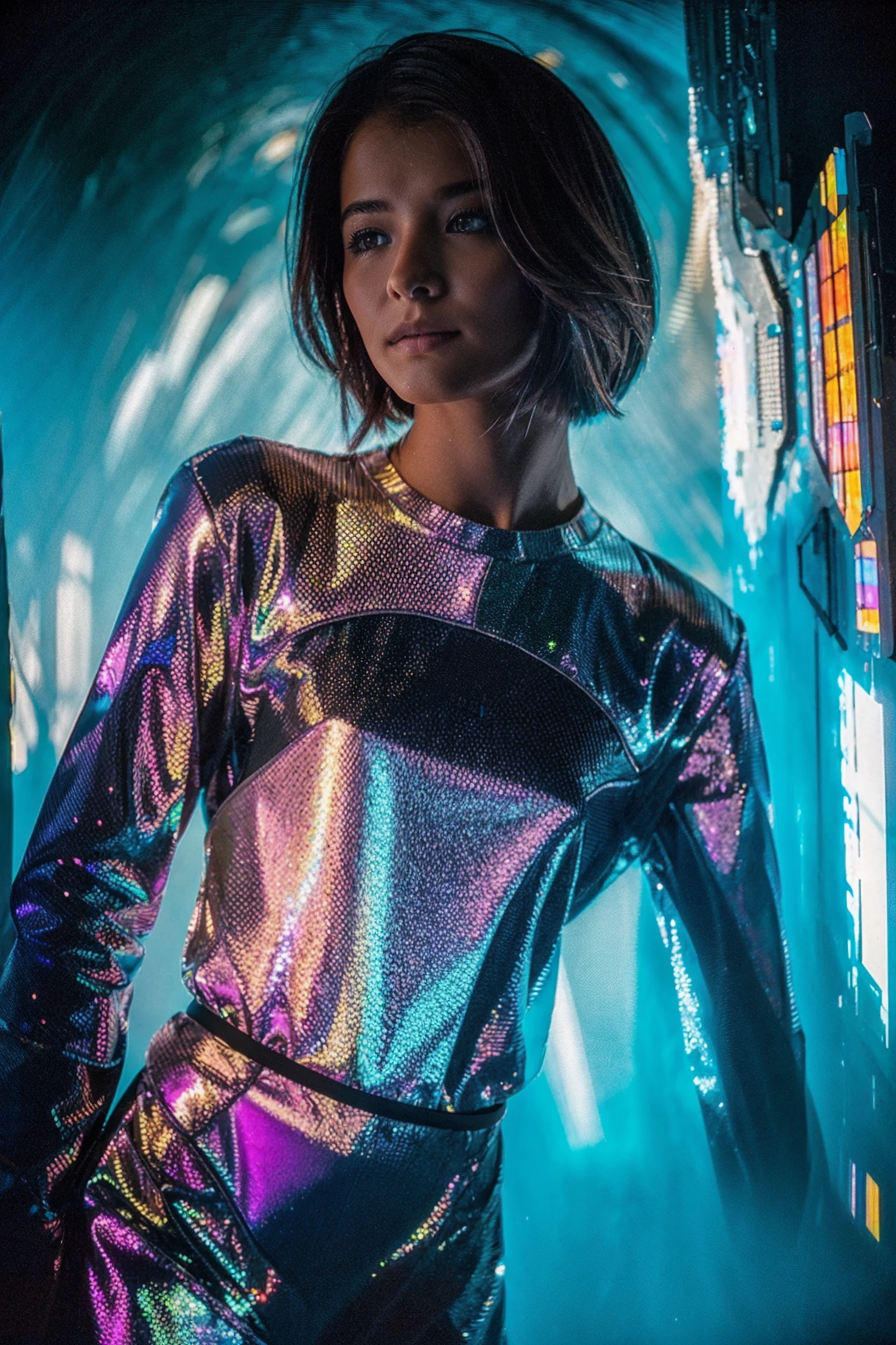 analog photo, dark shot, low key, action, (a intelligent afghan girl, 20 years old:1.1), strawberry blonde pixie bob hair, huge tits, fit, reflections on the wall background, abstraction atmosphere, (prismatic, holographic:1.2), sparkles, neon pixels, (neon light:1.1), chaotic, fashion magazine, (intricate details:0.9), (hdr, hyperdetailed:1.2)
