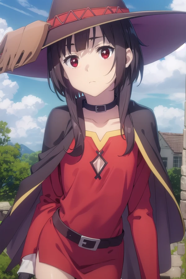 konosubamegumin, <lora:konosuba megumin movie-lora-nochekaiser:1>,
megumin, short hair, black hair, (red eyes:1.3), short hair with long locks,
BREAK thighhighs, gloves, hat, dress, black gloves, belt, black thighhighs, fingerless gloves, cape, collar, witch hat, bandages, red dress, single thighhigh, asymmetrical legwear, bandaged leg,
BREAK outdoor, forest, nature, trees, village, sky, sun, clouds,
BREAK looking at viewer, (cowboy shot:1.5),
BREAK <lyco:GoodHands-beta2:1>, (masterpiece:1.2), best quality, high resolution, unity 8k wallpaper, (illustration:0.8), (beautiful detailed eyes:1.6), extremely detailed face, perfect lighting, extremely detailed CG, (perfect hands, perfect anatomy),