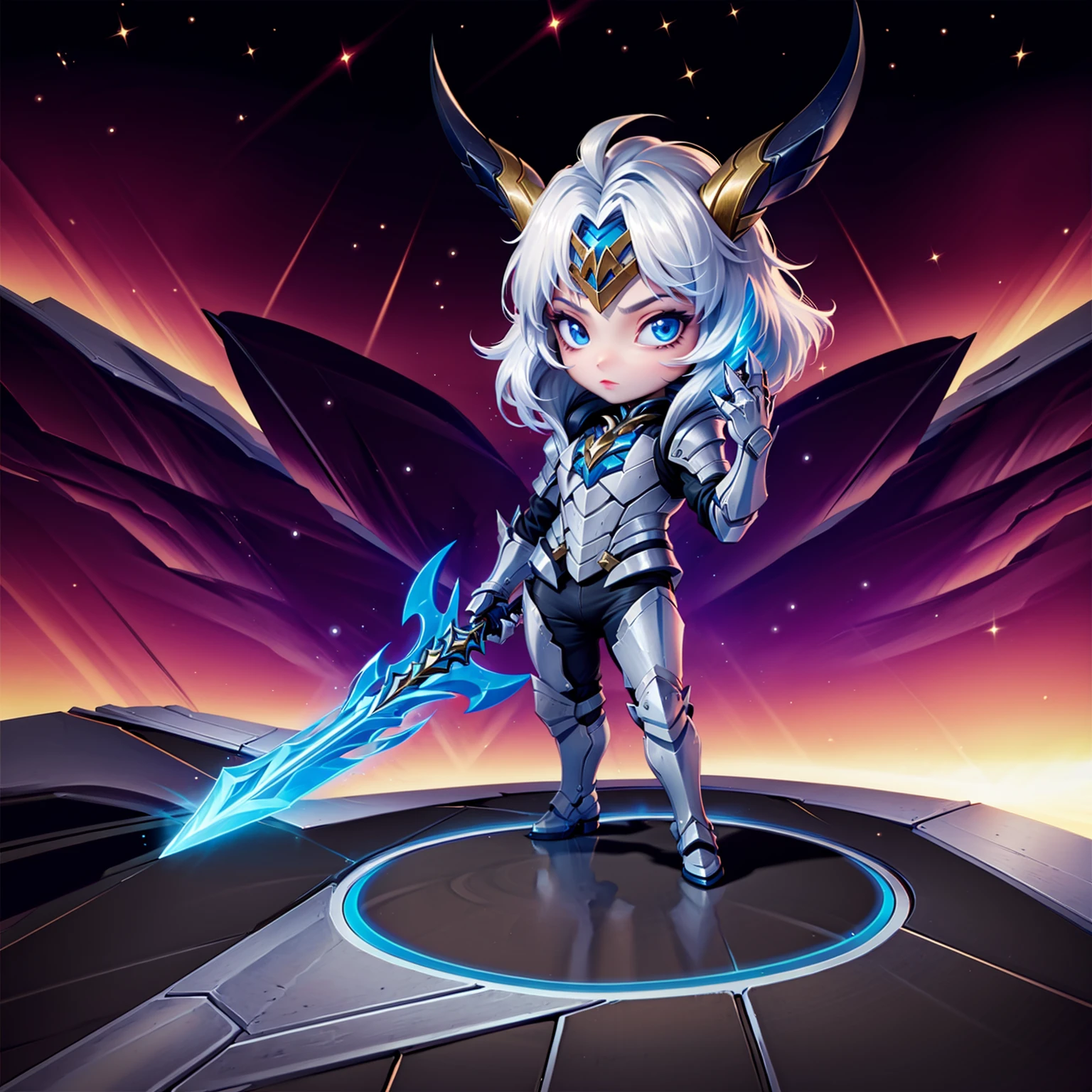 HEZI, Teamfight Tactics, little heroes, holding, weapon, solo, yordle, horns, holding weapon, pants, star \(sky\), armor, mask, standing, starry sky, helmet, hand up, colored skin, outdoors, full body, jacket, sky, 1girl, white hair, armored boots, starry sky print, glowing, long hair, male focus, space, bangs, claws, tail, night, 1boy, alternate costume, gauntlets, boots, long sleeves, facing viewer, night sky, shiny, open jacket, sword<lora:å°å°è±é-000010:0.65>,
