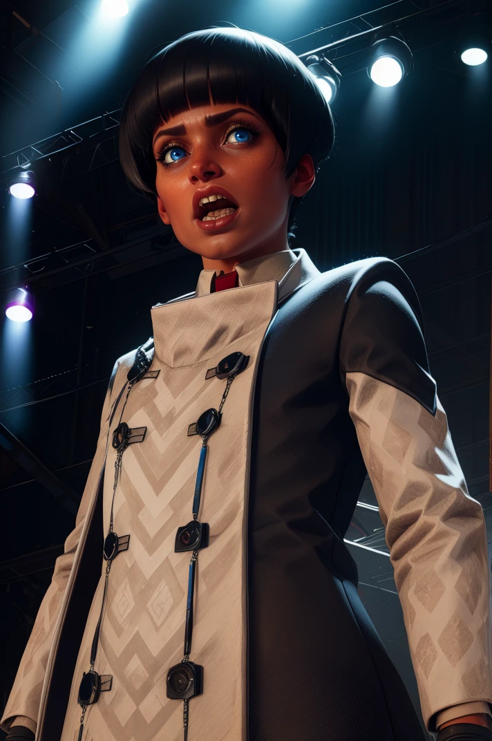 Harriet,blue eyes,black hair,short bob cut,open mouth,clenched hand,
patterned coat,black gloves,jewelry,from below,
standing,upper body,looking at viewer,shouting,
stage,lights,
(insanely detailed, beautiful detailed face, masterpiece, best quality) solo,<lora:Harriet-11DL:0.8>,
