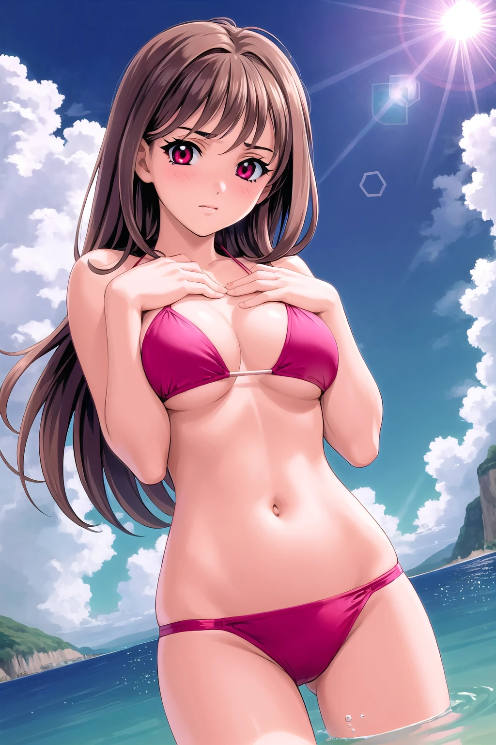 (masterpiece),(Highest quality),(Super detailed),(High resolution),(Highest quality),(An illustration),8k,woman,Shiny skin,Beautiful Skin,Beautiful Face,Micro Bikini,body shines with oil,Random pose,Sandy Beach