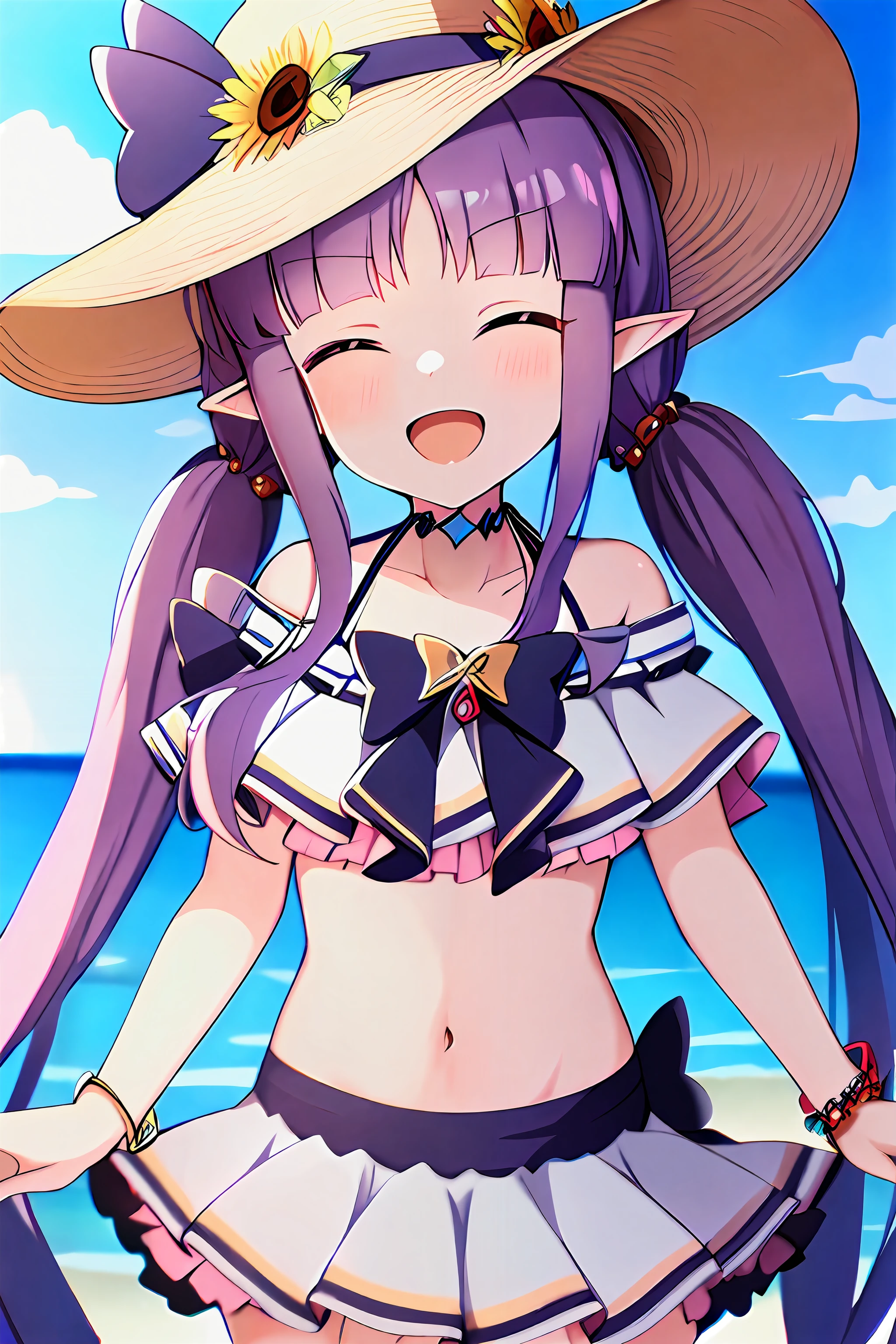 (masterpiece:1.3),(best quality:1.3),incredibly absurdres,ultra detail,
<lora:kyouka333-000009:0.8>,kyouka_swimsuit,bangs,bow,hat,kyouka \\(princess connect!\\),long hair,pointy ears,twintails,bikini,elf,purple hair,straw hat,swimsuit,very long hair,frilled bikini,bare shoulders,sun hat,frills,hat flower,bikini skirt,hat bow,sunflower,off-shoulder bikini,purple bow,bow bikini,off shoulder,choker,collarbone,brown headwear,jewelry,two-tone bikini,blunt bangs,bracelet,white bikini,navel,
cowboy shot,blush,smile,outdoors,beach,:d,closed eyes,