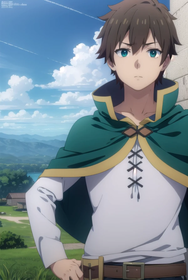 kazumasatou, <lora:kazuma satou movie-lora-nochekaiser:1>,
kazuma satou, short hair, brown hair, (green eyes:1.3), male focus,
BREAK shirt, long sleeves, white shirt, belt, pants, capelet, brown belt,
BREAK outdoor, forest, nature, trees, village, sky, sun, clouds,
BREAK looking at viewer, (cowboy shot:1.5),
BREAK <lyco:GoodHands-beta2:1>, (masterpiece:1.2), best quality, high resolution, unity 8k wallpaper, (illustration:0.8), (beautiful detailed eyes:1.6), extremely detailed face, perfect lighting, extremely detailed CG, (perfect hands, perfect anatomy),