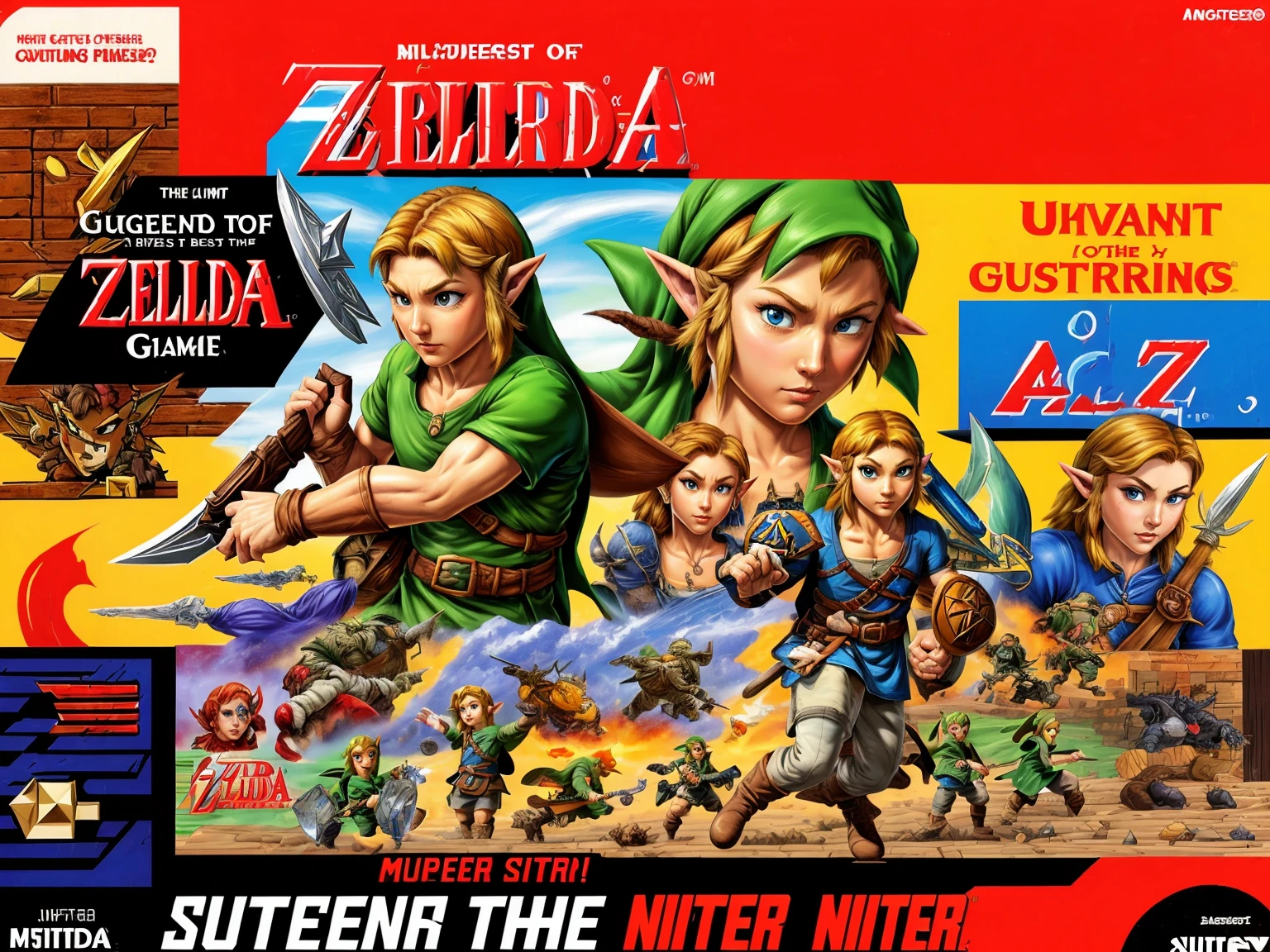 retro game art concept art <lora:quiron_SNESCover_v2_lora:0.97> , SnesQuiron cover, masterpiece, best quality, ((the legend of zelda) game), videogame cover, snes cover, cover, logo, game title, english text, Full cover, . digital artwork, illustrative, painterly, matte painting, highly detailed . 16-bit, vibrant colors, pixelated, nostalgic, charming, fun
