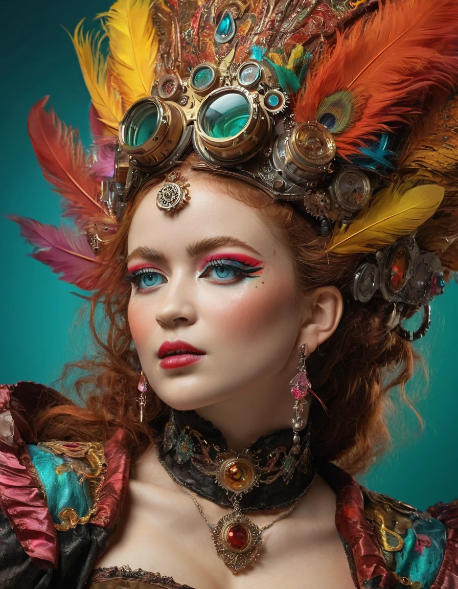  waist up portrait of ((sdsx:1.2) woman) steampunk makeup, in the style of vray tracing, colorful impasto, uhd image, indonesian art, fine feather details with bright red and yellow and green and pink and orange colours, intricate patterns and details, dark cyan and amber makeup. Rich colourful plumes. Victorian style.