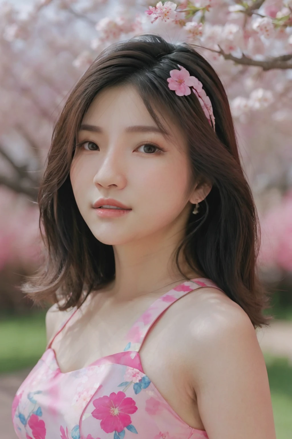 Woman,  Close up,  beautiful floral dress,  pink dress,  best quality,  photorealistic,  Sakura background, IsteriVirtualV4,  look at viewer,  , IsteriVirtualEp2,<lora:EMS-258268-EMS:1.100000>