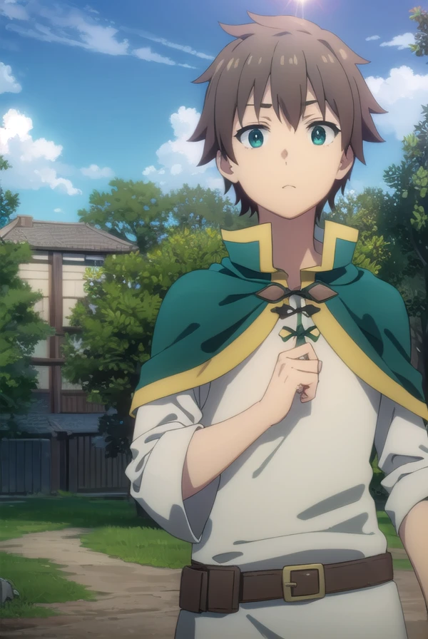 kazumasatou, <lora:kazuma satou movie-lora-nochekaiser:1>,
kazuma satou, short hair, brown hair, (green eyes:1.3), male focus,
BREAK shirt, long sleeves, white shirt, belt, pants, capelet, brown belt,
BREAK outdoor, forest, nature, trees, village, sky, sun, clouds,
BREAK looking at viewer, (cowboy shot:1.5),
BREAK <lyco:GoodHands-beta2:1>, (masterpiece:1.2), best quality, high resolution, unity 8k wallpaper, (illustration:0.8), (beautiful detailed eyes:1.6), extremely detailed face, perfect lighting, extremely detailed CG, (perfect hands, perfect anatomy),