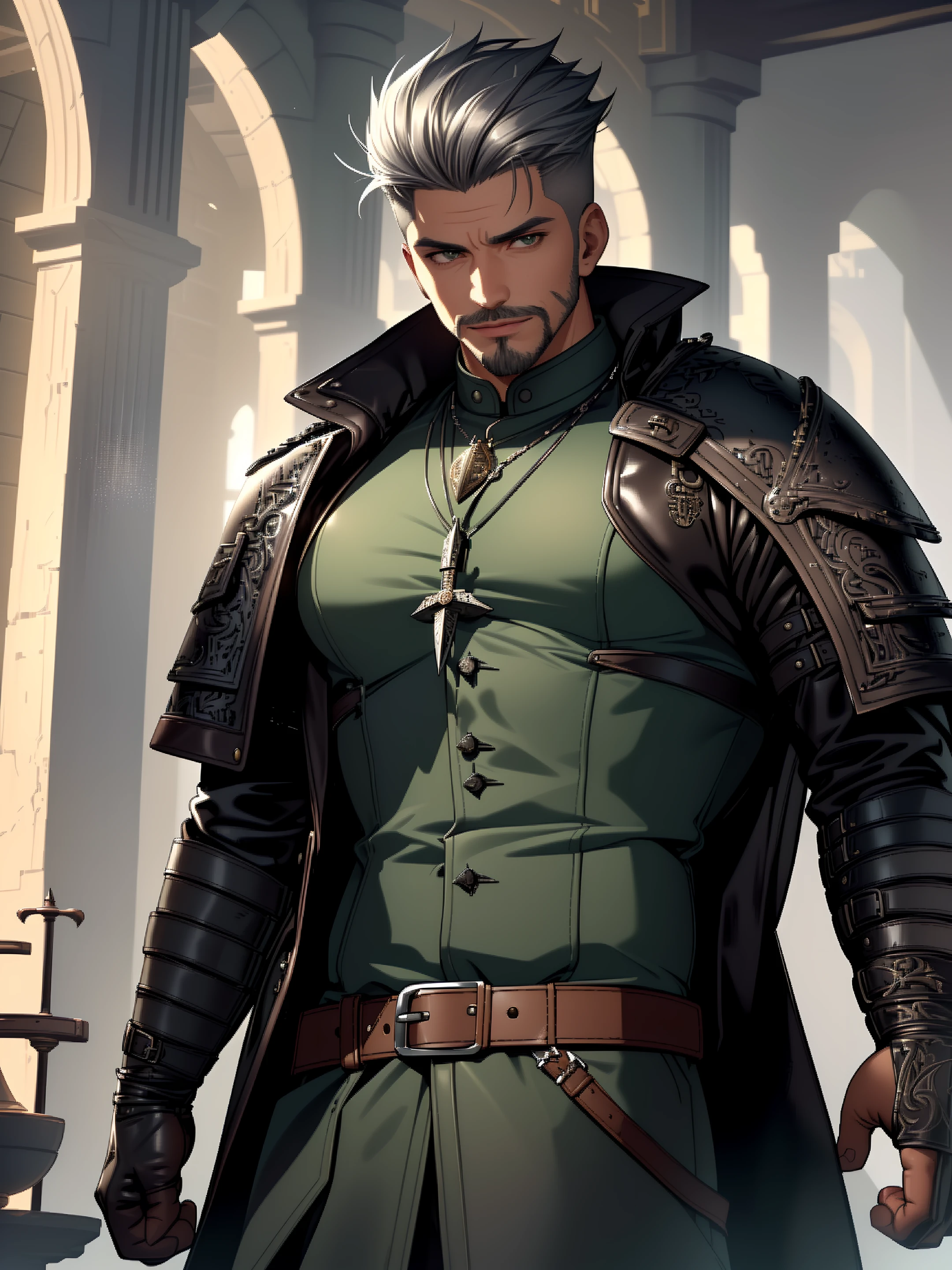 ((extremely detailed illustration)), highres, ((extremely detailed and beautiful background)), (professional illustrasion), (official art), ((Ultra-precise depiction)), ((Ultra-detailed depiction)), (beautiful:1.2 and aesthetic:1.2), beautiful detailed, intricate:1.1,
(A weathered veteran male), (gray-haired in appearance), (rugged face), ((eyes are sharp but kind)), ((Short hair)) with a (mixture of gray hair). ((hair is carefully arranged in an all-back)), (wears a pomade), (well built), ((smart and yet strong)), (Dark eyes), neatly trimmed goatee, (handsome), intelligent and brave, grin,
Fist bump,
(((A sturdy green travel coat))), ((silver breastplate)), sturdy tunic, (leather gloves), (Leather boots), ((leather belt:1.2 with pocket:1.1)), A necklace adorned with magic stones,
The interior of the armory is filled with armor and weapons. Swords, shields, and armor are on display, the light from the fireplace illuminates the blades of swords, and the store is ready for adventure,