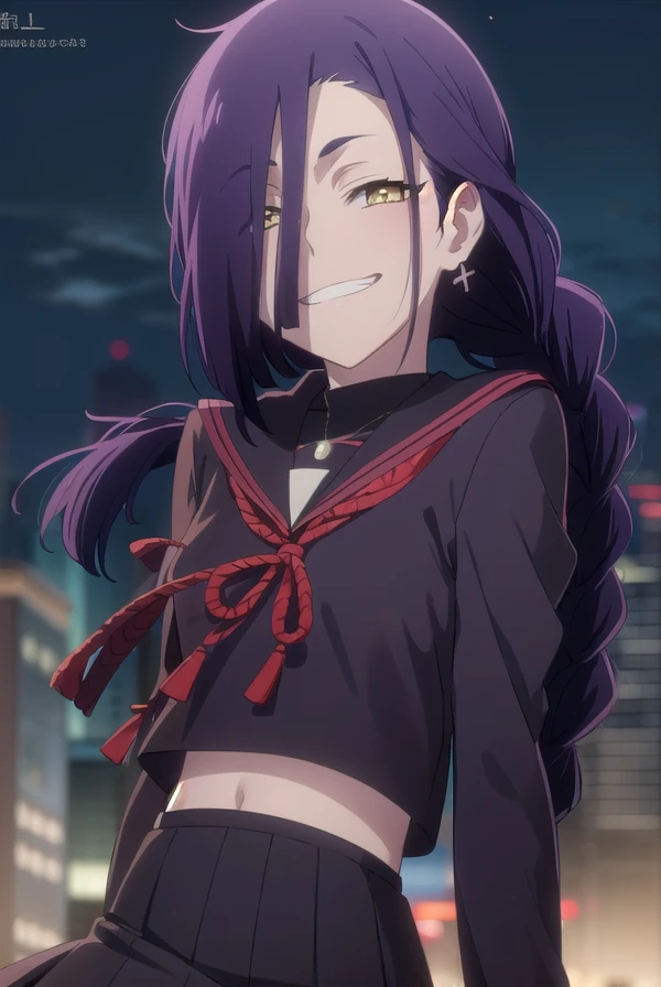 maganechikujouin, <lora:magane chikujouin s1-lora-nochekaiser:1>,
magane chikujouin, long hair, purple hair, braid, single braid, (hair over one eye:1.5), (yellow eyes:1.3), smile, grin,
BREAK skirt, thighhighs, gloves, jewelry, school uniform, earrings, serafuku, black gloves, black thighhighs, necklace, zettai ryouiki,
BREAK outdoor, city, night, sky, buildings, moon, clouds,
BREAK looking at viewer, (cowboy shot:1.5),
BREAK <lyco:GoodHands-beta2:1>, (masterpiece:1.2), best quality, high resolution, unity 8k wallpaper, (illustration:0.8), (beautiful detailed eyes:1.6), extremely detailed face, perfect lighting, extremely detailed CG, (perfect hands, perfect anatomy),