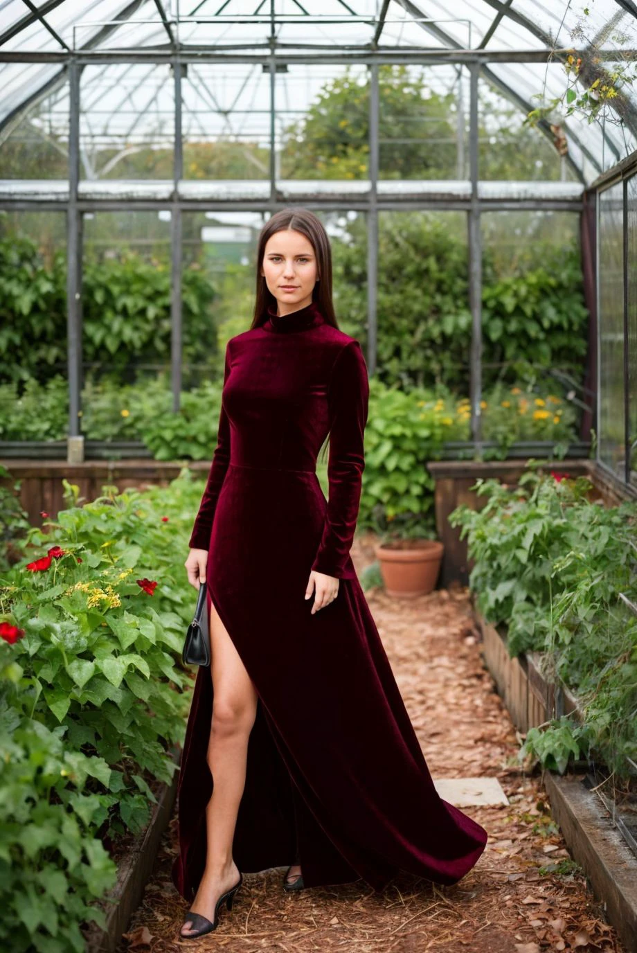 A full color portrait of a beautiful woman, wearing a maroon velvet dress with a high neck, overgrown greenhouse<lora:epiNoiseoffset_v2:1>, shy, epic character composition,by ilya kuvshinov, alessio albi, nina masic,sharp focus, subsurface scattering, f2, 35mm, film grain ,sexy smile<lora:clauro:1>