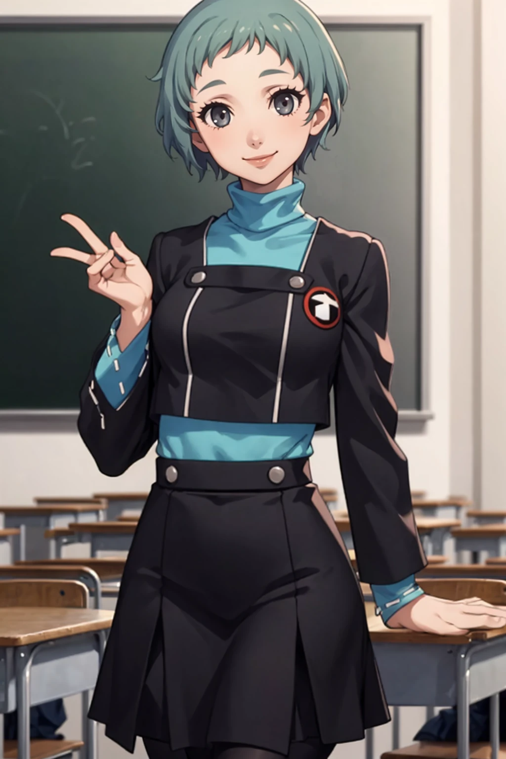 masterpiece, best quality, solo, 1girl, looking at viewer, smile, <lora:Fuuka_Fp:1>, fuukap3, school uniform, skirt, turtleneck, pantyhose, classroom, short hair