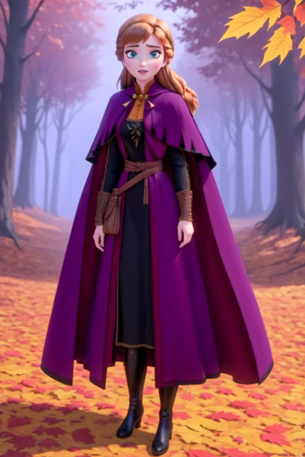 (masterpiece),(highest quality),highres,(an extremely delicate and beautiful),(extremely detailed), 1girl, young woman, solo, anna of arendelle, black boots, black tunic, long hair, purple cloak, autumn leaves, forest,
(looking at viewer:1.3),  <lora:Frozen_-_Anna_SDXL:0.9> studio anime, cel shading