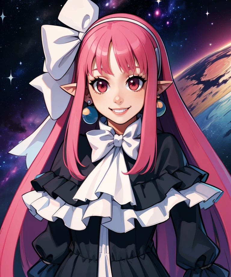 Witch.long pink hair,pointy ears,red eyes,
smiling,standing,upper body,
black dress,white hairband,hair ribbon,long sleeves,earrings,
outer space,fun park,stars,
(insanely detailed, beautiful detailed face, masterpiece, best quality),<lora:Witch-11Dv9:0.8>,