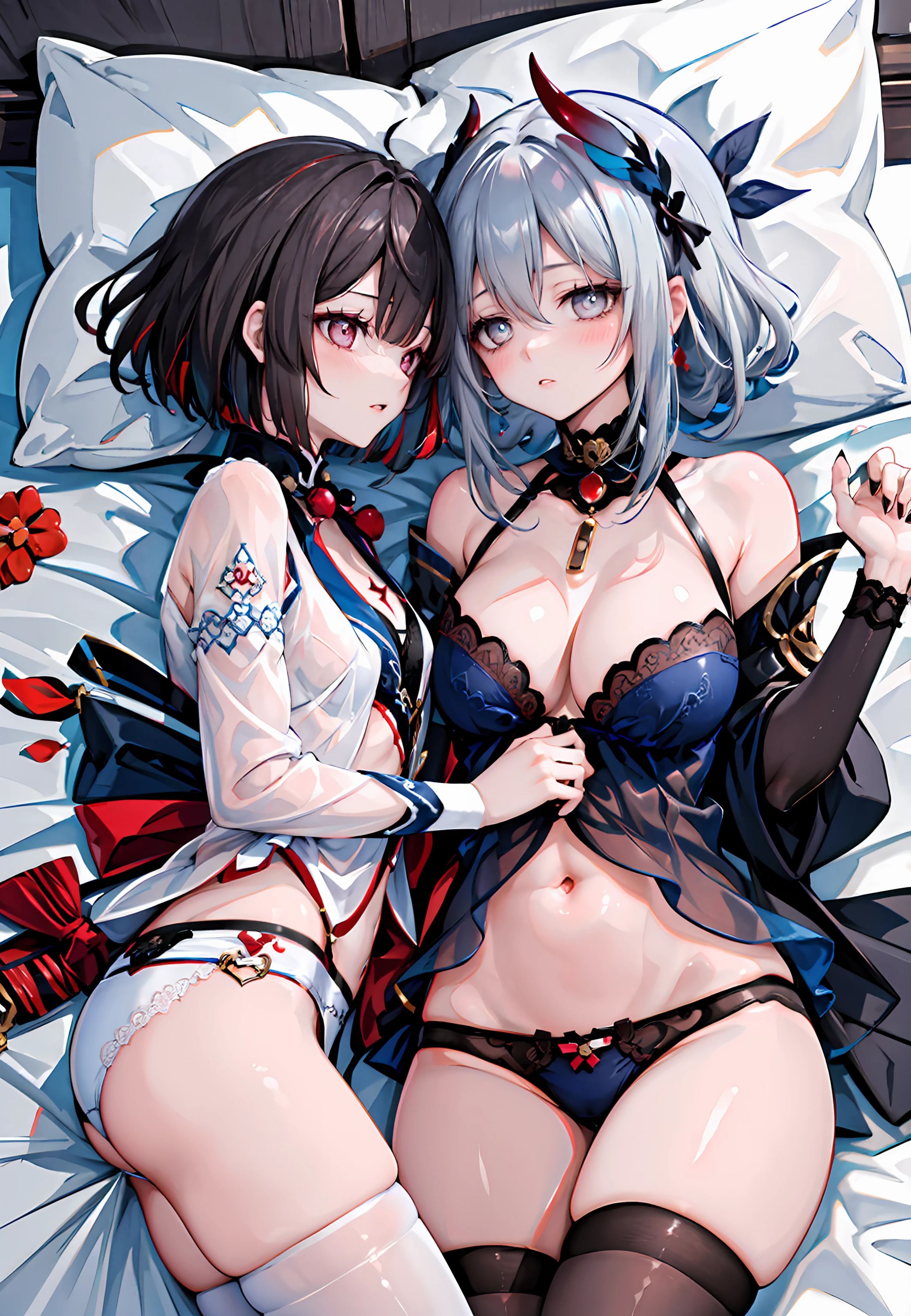 ((masterpiece,best quality)), 2girls, lying, on bed, (looking at another:1.3) ADDCOMM
1girl, xueyi, (white lace underwear), navel, small breasts, see-through, white thighhighs, <lora:xueyi-str-v1cr:0.6> BREAK
1girl, hanya, horn, (black lace underwear), navel, blush, large breasts, see-through, black thighhighs, <lora:hanya-str-v3fr:0.6>
