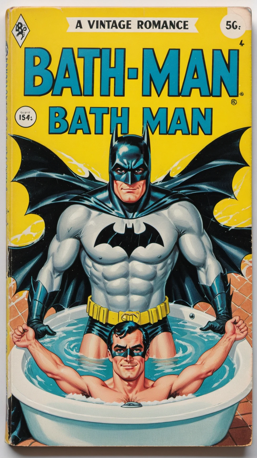 <lora:wizards_vintage_romance:0.8> Book cover of a vintage romance novel called "bath man" depicting (batman) in a bath tub